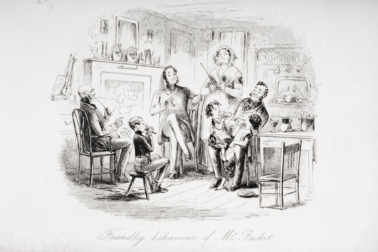 Mr. Bucket barátságos viselkedése, illusztráció Charles Dickens (1812-70) „Bleak House” című művéből, 1853-ban alkotó: Hablot Knight Browne