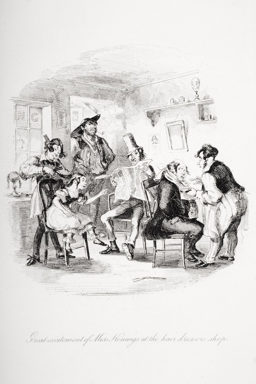 Kenwigs kisasszony nagy izgalma a fodrászboltban, illusztráció Charles Dickens (1812-70) 
