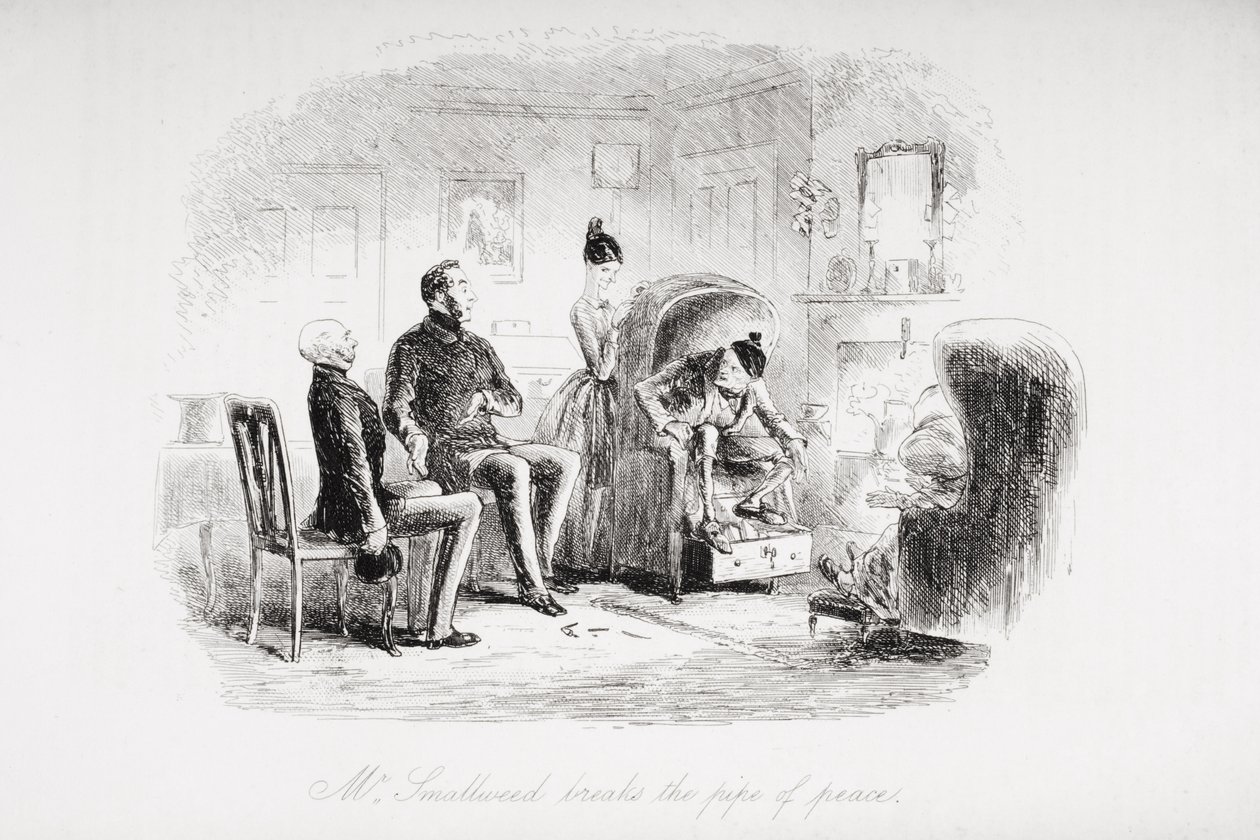 Mr. Smallweed megtöri a béke csövét, Charles Dickens (1812-70) „Bleak House” című illusztrációja, 1853-ban megjelent alkotó: Hablot Knight Browne