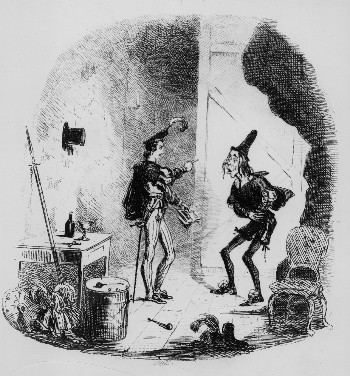 Nicholas oktatja Smike-ot a színészet művészetére. Illusztráció Charles Dickens (1812-70) „Nicholas Nickleby” című művéből, 1839-ben (litho) alkotó: Hablot Knight Browne