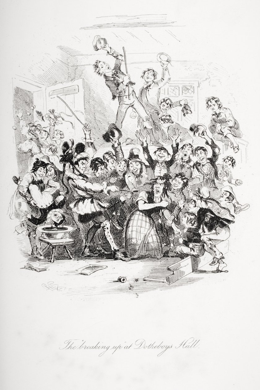 A „szakítás” a Dotheboys Hallban, Charles Dickens (1812-70) 1839-ben megjelent „Nicholas Nickleby” című illusztrációja alkotó: Hablot Knight Browne