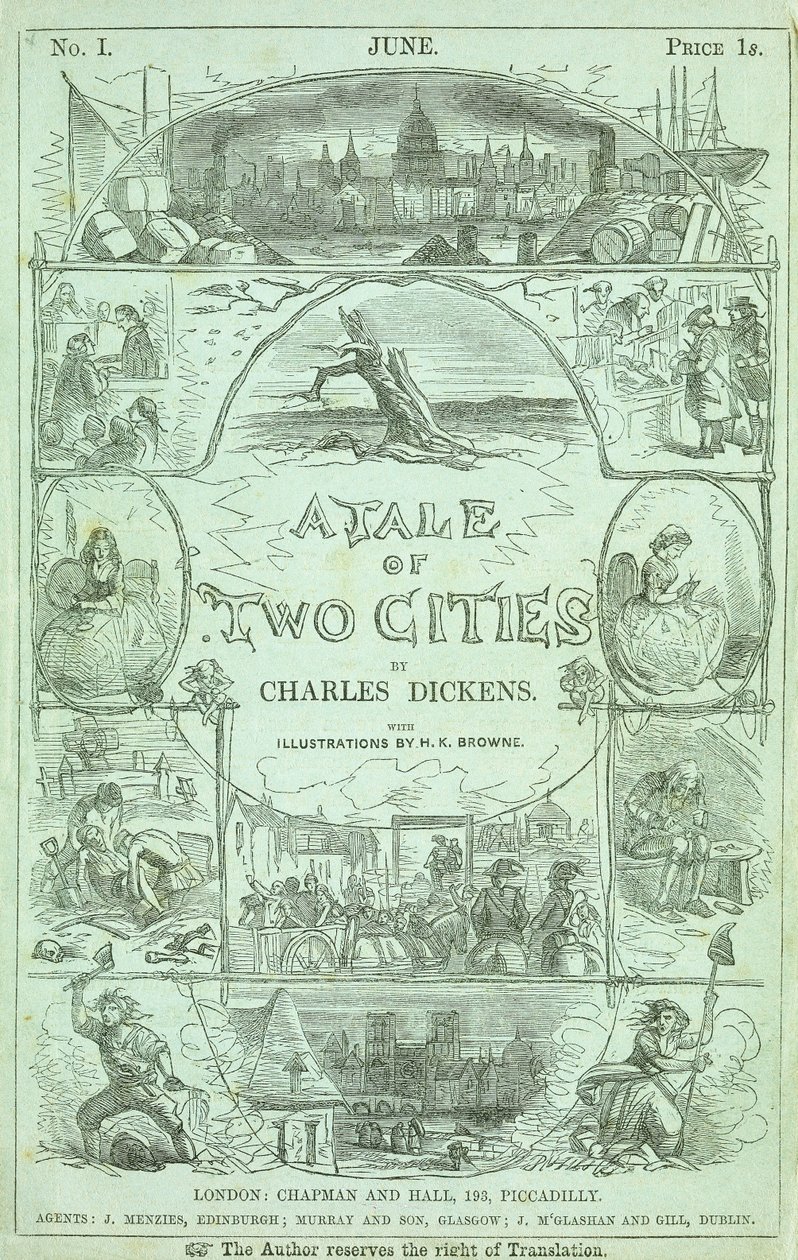 Címlap az első kiadás első részéből sorozatos részekben, Charles Dickens "A Tale of Two Cities" című könyve, 1859 alkotó: Hablot Knight Browne