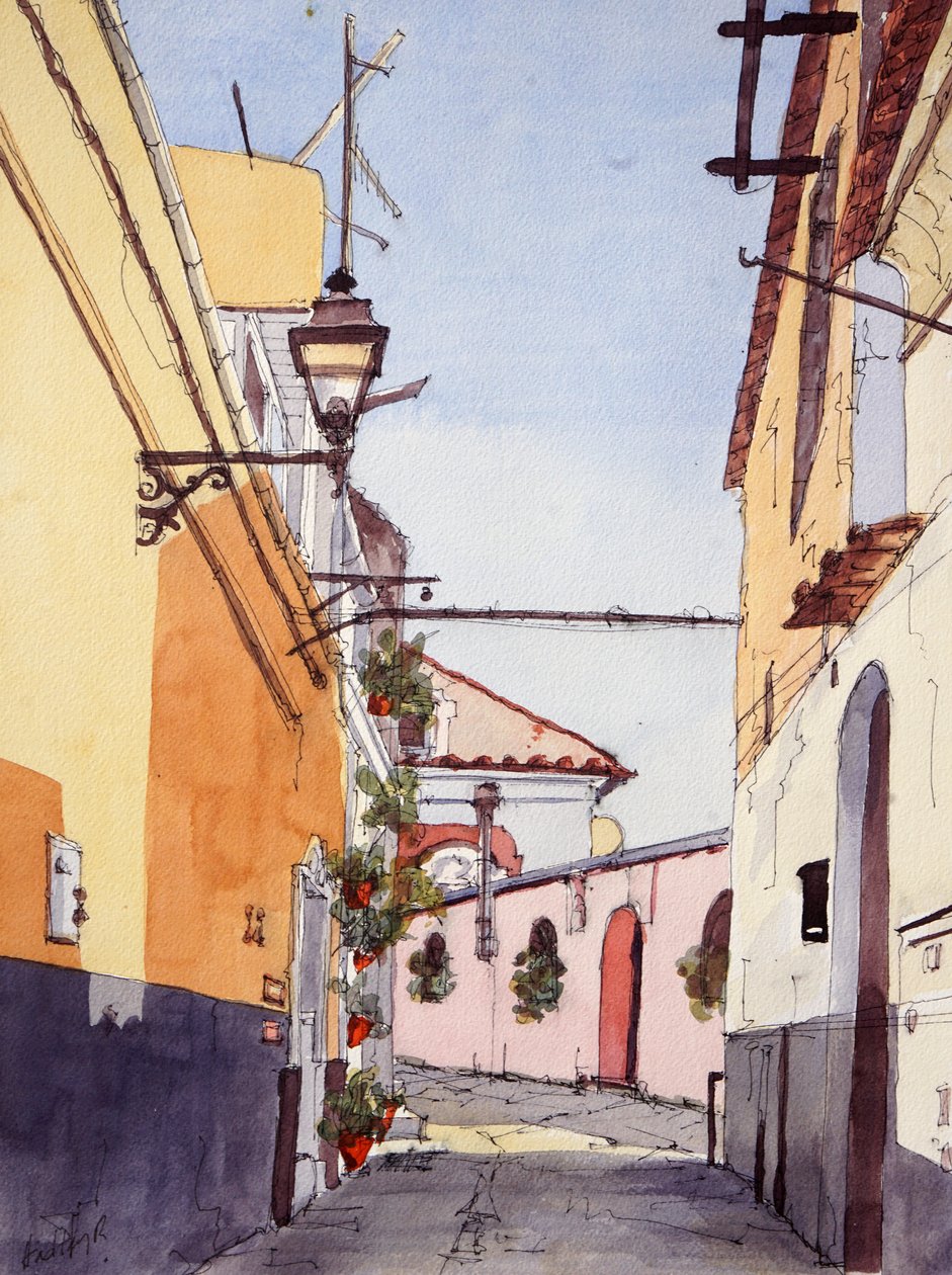 Oldalutca, Positano, Olaszország, 2024 körül (akvarell és tus) alkotó: Hadley Rampton