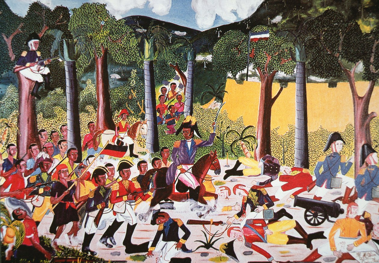 A Jean Jacques Dessalines vezette haitiak legyőzik Napóleon csapatait (olaj, vászon) alkotó: Haitian School