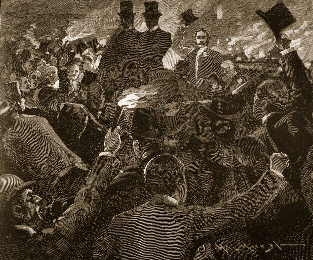 Balfour úr Dublinban: fáklyás felvonulás, illusztráció a „Cassell illusztrált Anglia történetéből” (metszet) (szépia fotó) alkotó: Hal Hurst