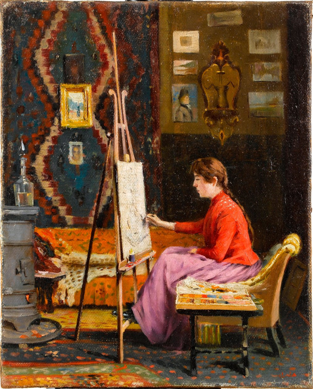 ""Fiatal lány festő műtermében"" (Girl Painter and Her Studio) Halil Pasha (Pasa, Pacha) festménye (1857-1939) 1939 Olaj, vászon Méret 41x33 cm Sakip Sabanci Múzeum, Isztambul alkotó: Halil Pasha