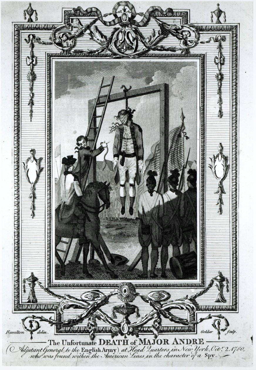Andre őrnagy, az angol hadsereg vezérkari adjutánsának szerencsétlen halála a New York-i főhadiszálláson, 1780. október 2-án, metszet: John Goldar (1729-1795) alkotó: Hamilton
