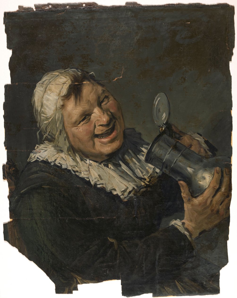 Malle Babe. Egy mosolygós öregasszony a szájához emel egy kancsót. Frans Hals stílusában festett alkotó: Han van Meegeren