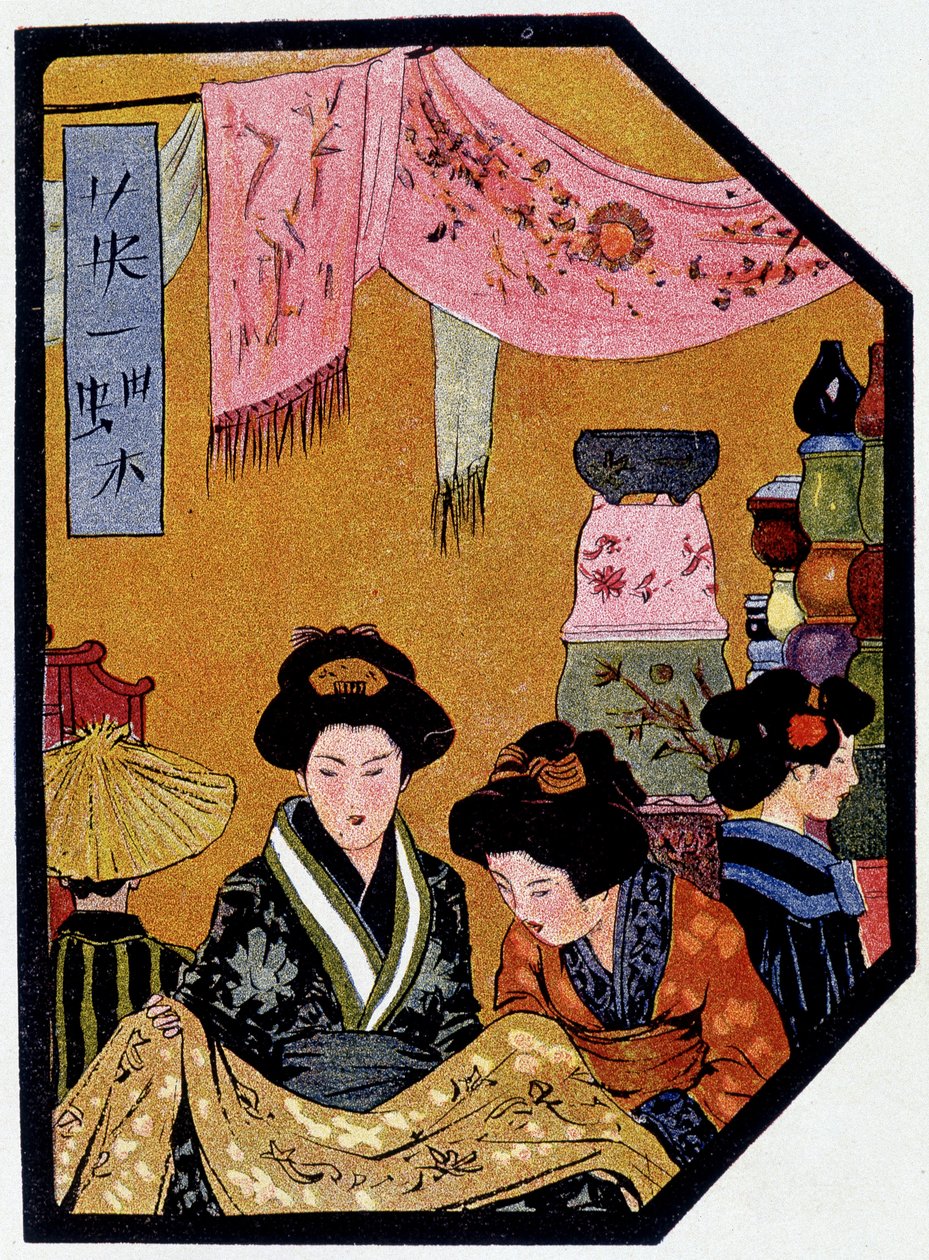 Fiatal japán selyemboltokban – Félicien Champsaur „” japán babájában”, ill. Hanafusa Itcho, Párizs alkotó: Hanabusa Itcho