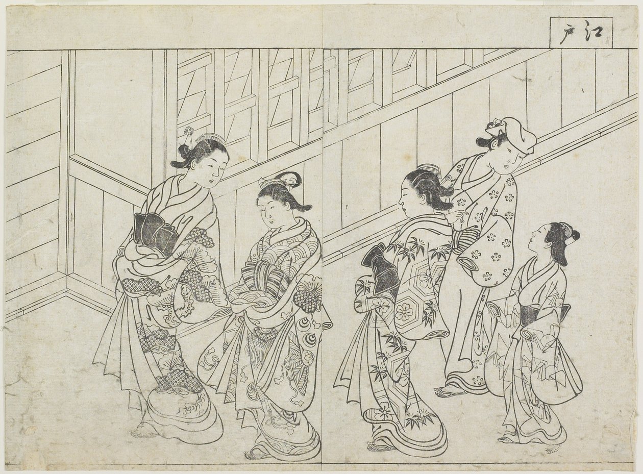 Öt prostituált egy ház előtt, 1770-es évek eleje (fanyomat) alkotó: Hanabusa Shigenobu