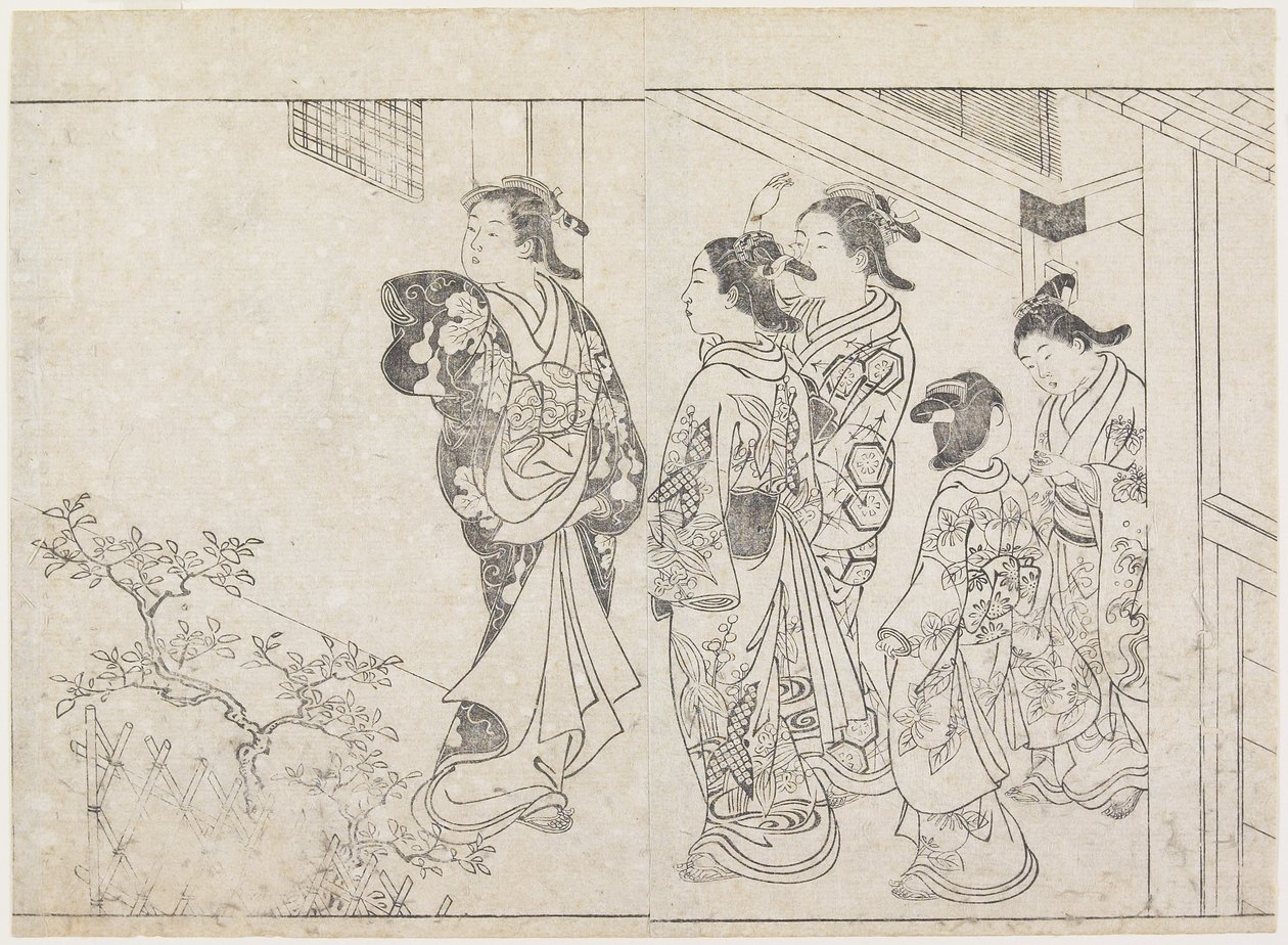 Öt prostituált egy udvarban, 1770-es évek eleje (fatömbnyomat) alkotó: Hanabusa Shigenobu