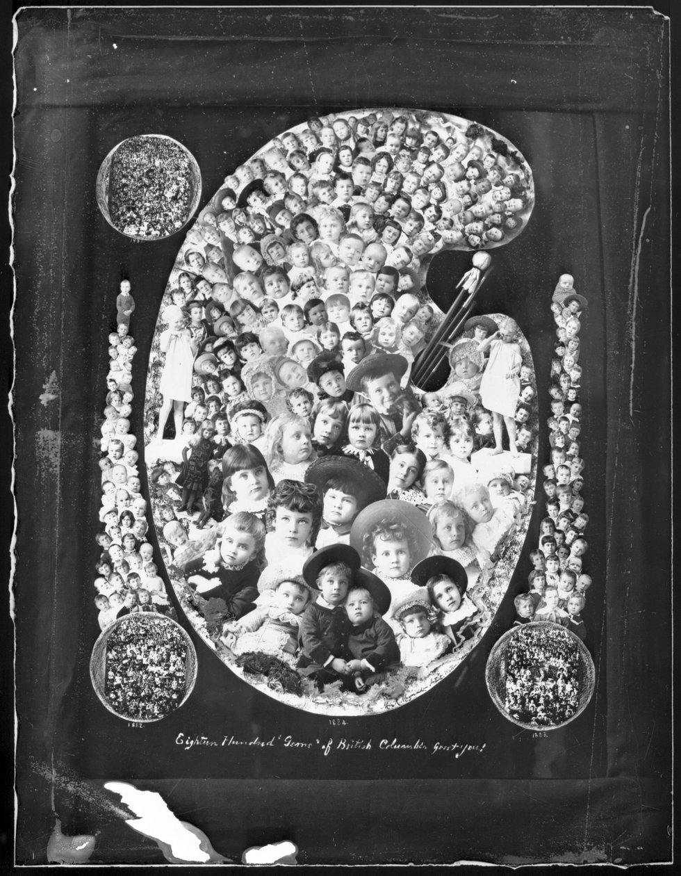 1884; Tizennyolcszáz gyöngyszem British Columbia Üdvözlünk!; előző évben, 1885-ben készült gyermekportrékból összeállított kép (bw fotó) alkotó: Hannah Maynard
