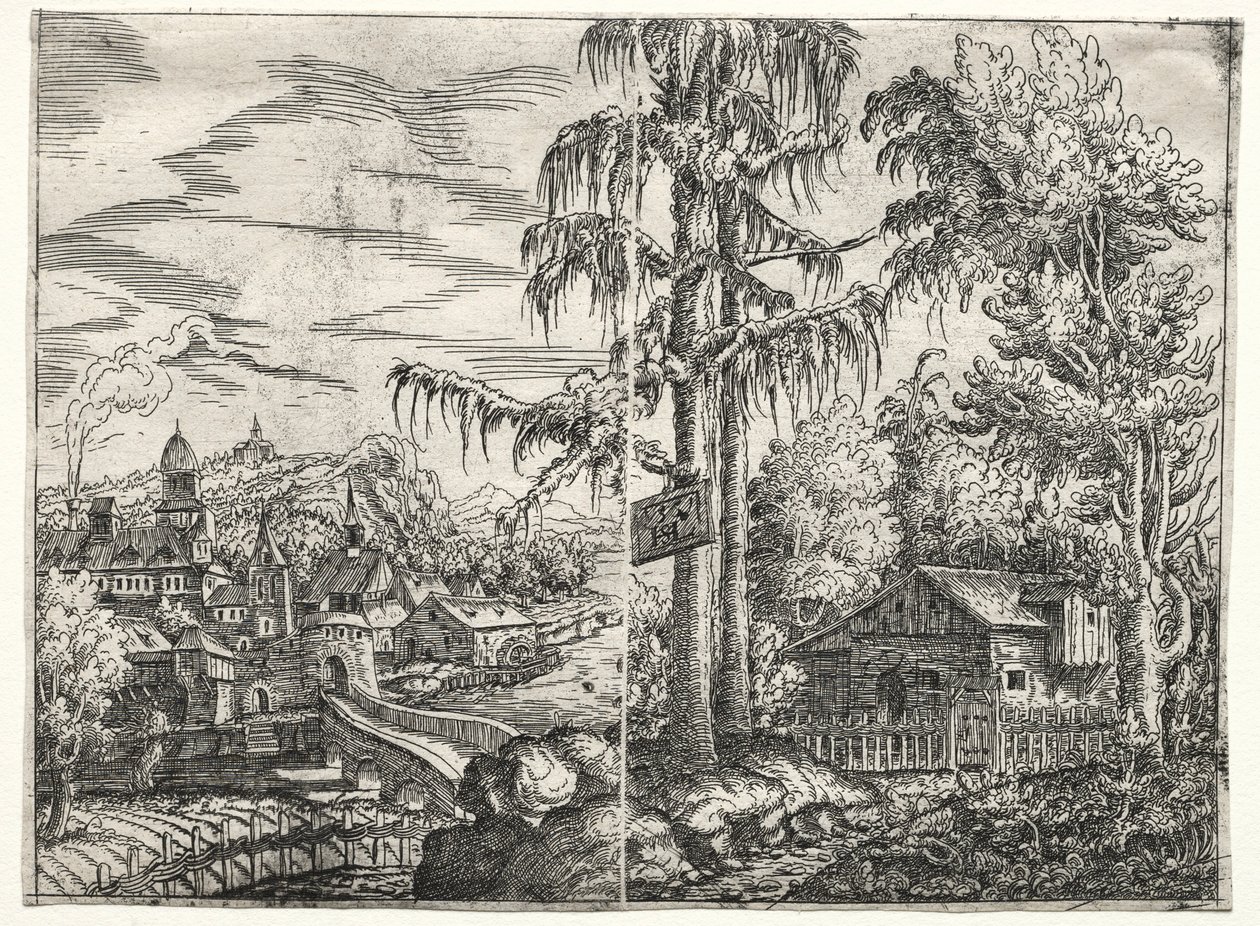 Táj a várossal a folyón és a kunyhóval a fák között, 1551. alkotó: Hanns Sebald Lautensack
