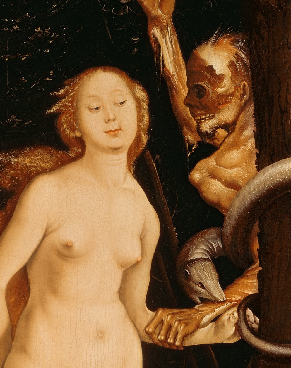 Éva, a kígyó és a halál olaj a 35456-os panel részletén alkotó: Hans Baldung Grien