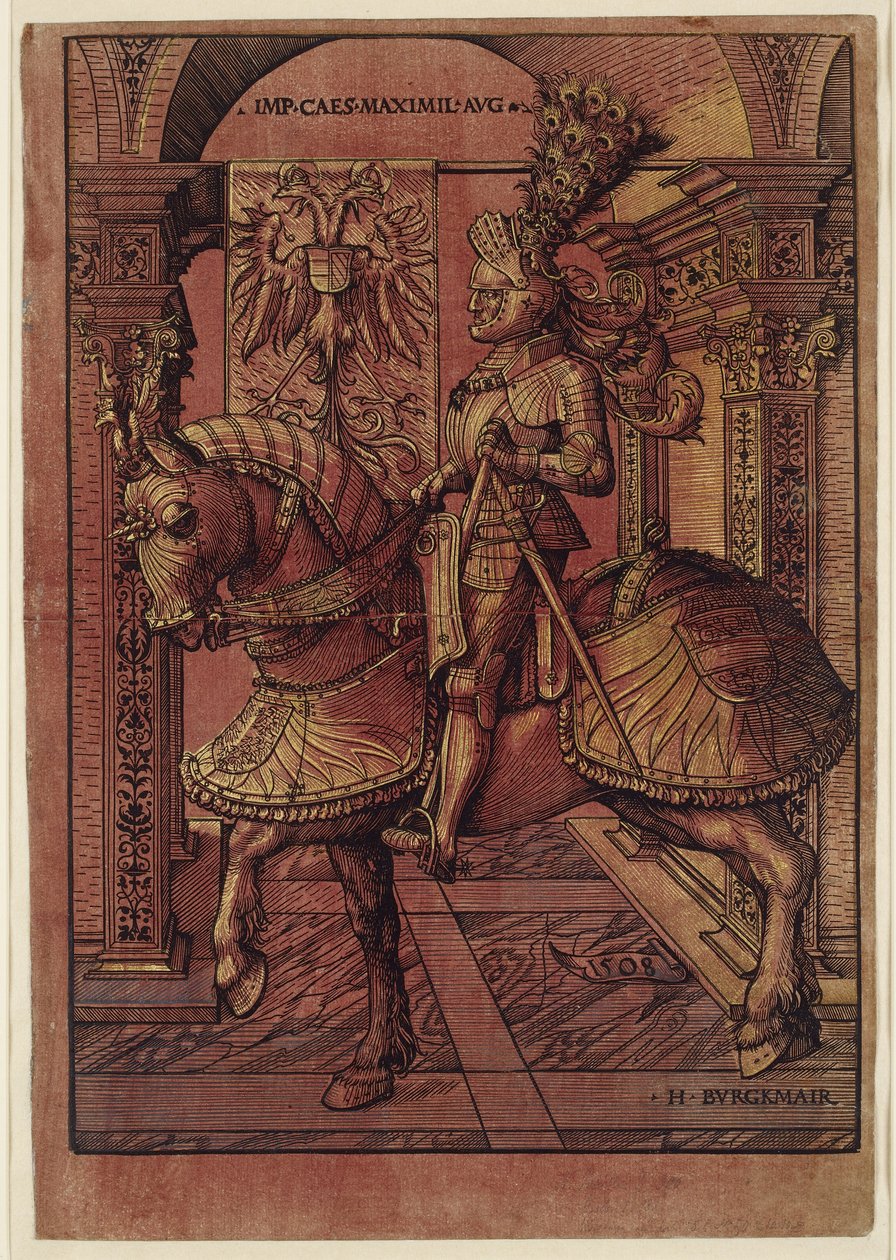 I. Maximilian császár, lóháton felfegyverkezve, 1508 (chiaroscuro fametszet) alkotó: Hans Burgkmair