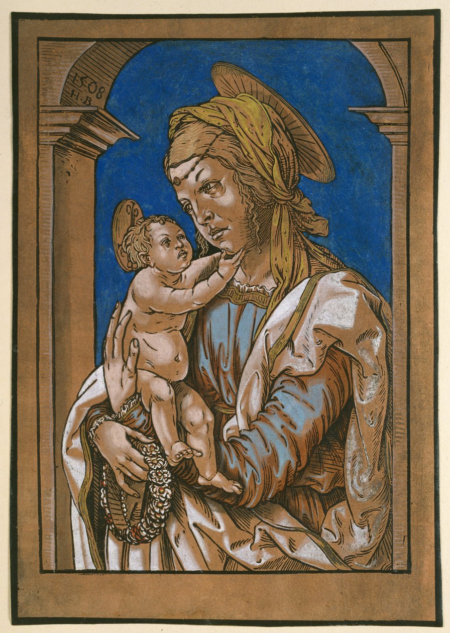 Madonna és gyermeke egy boltív alatt, 1508 (fametszet, akvarellel és testfestékkel átdolgozva) alkotó: Hans Burgkmair