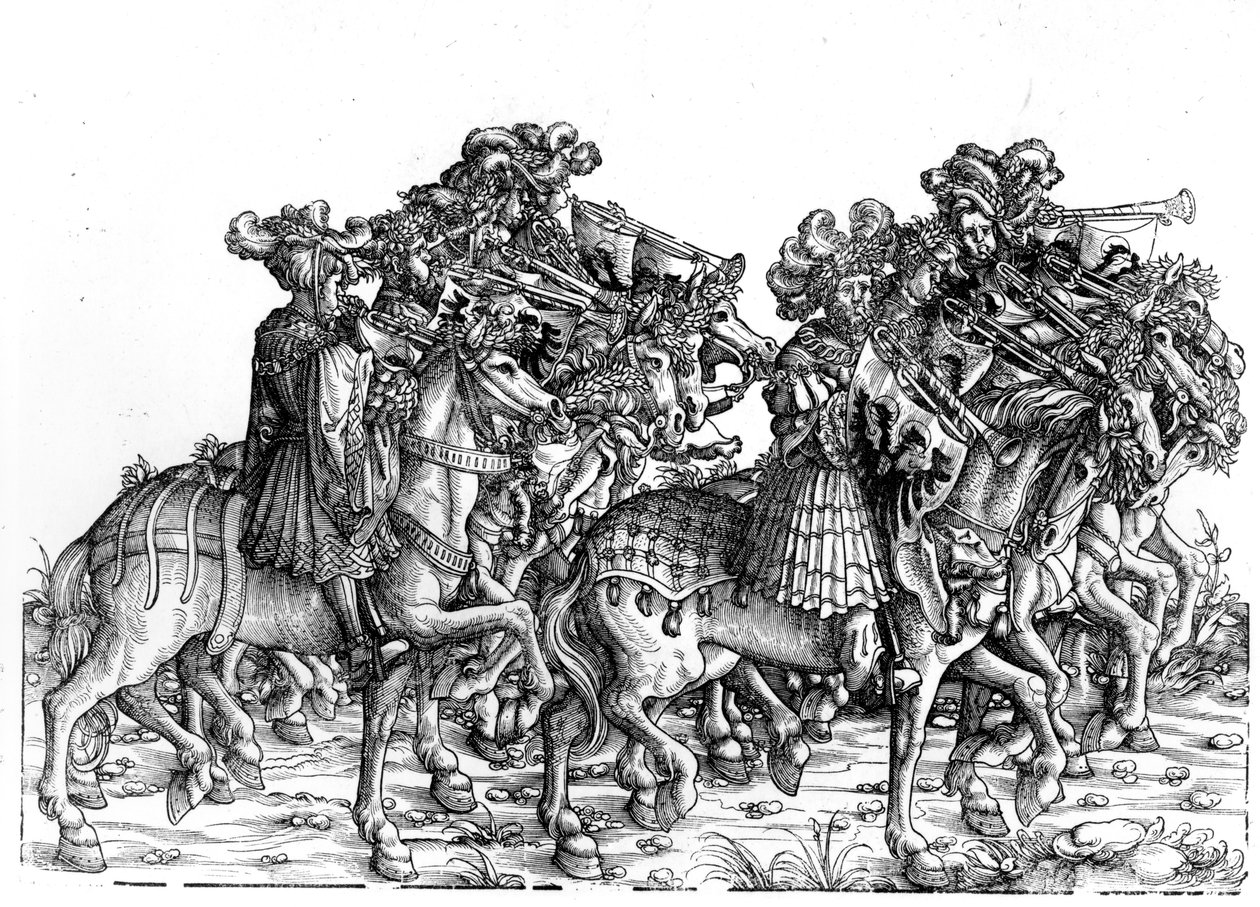 Tíz trombitás zenész, I. Maximilianus császár diadalmenetéből, 1517 körül alkotó: Hans Burgkmair