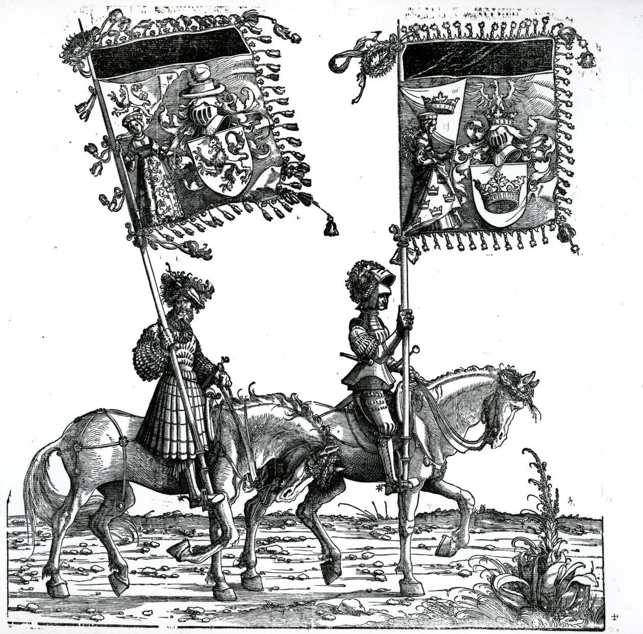Két lovag, I. Maximilianus császár diadalmenetéből, 1517 körül alkotó: Hans Burgkmair
