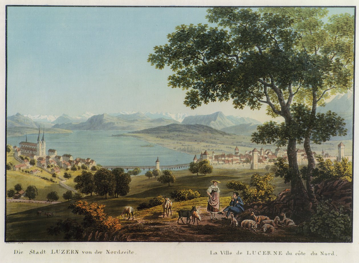 »LUCERNE városa, északi nézet.« Hans Heinrich Keller színes rézkarca vom Steinbock alkotó: Hans Heinrich Keller vom Steinbock