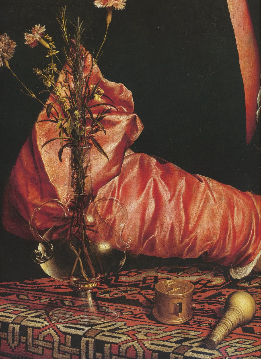 Georg Gisze kereskedő portréja (ujjú és virágrészlet) alkotó: Hans Holbein