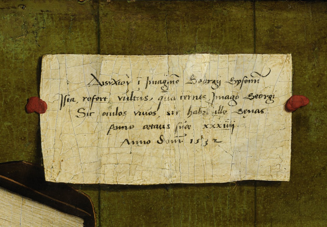 Georg Gisze kereskedő portréjának részlete. A latin vers (görög címmel) alkotó: Hans Holbein der Jüngere