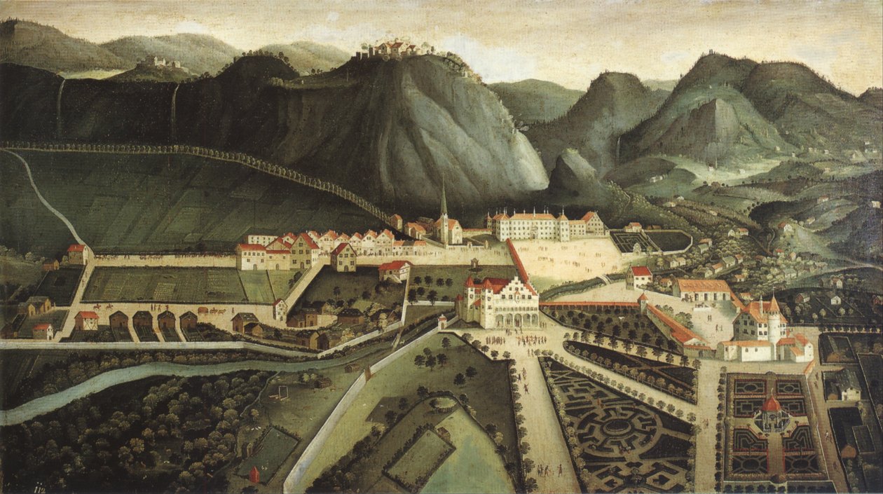 Kilátás Hohenemsre, a kastélyra, a nyaralóra és a kertekre alkotó: Hans Jakob Noppis