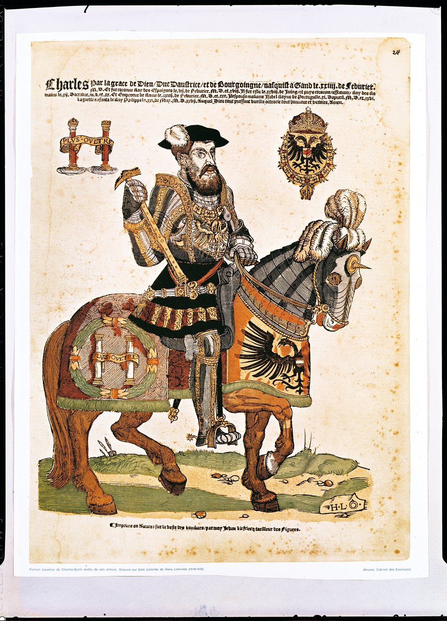V. Károly páncélos lovas portréja (1500-58) (színes metszet) alkotó: Hans Liefrinck