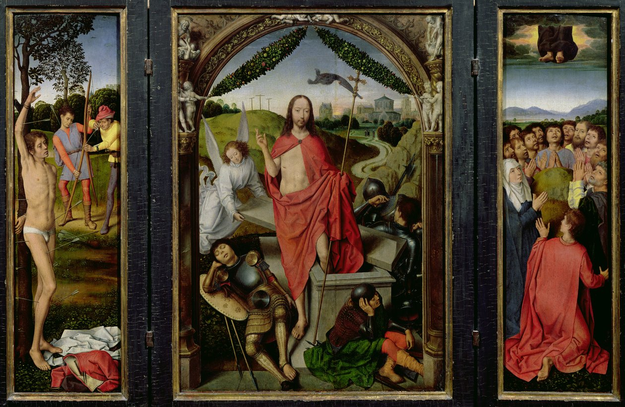 A feltámadás triptichonja: A feltámadás (középen) Szent Sebestyén vértanúsága (balra) és Mennybemenetele (jobbra) 1485-90 körül alkotó: Hans Memling