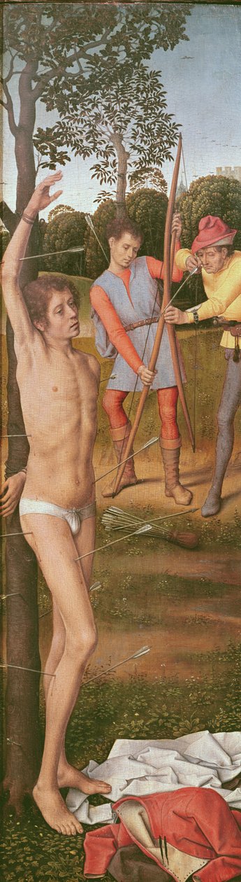 A feltámadás triptichonja, bal oldali panel: Szent Sebestyén vértanúsága, 1485-90 körül (olaj a tölgyre) alkotó: Hans Memling