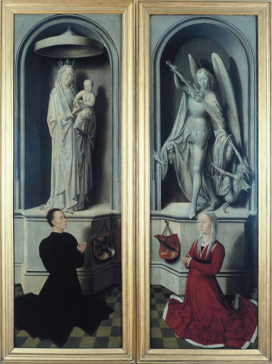 Az utolsó ítélet képe zárt panelekkel, amely az adományozókat, Angelo di Jacopo Tani-t és feleségét, Caterina de Tanaglit ábrázolja a Madonna és a gyermek és a Szent Mihály alatt, 1473 (lásd alkotó: Hans Memling
