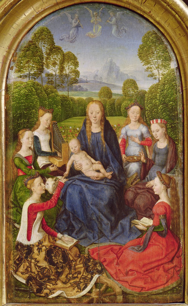 Szűz és gyermek a szentekkel, bal oldali panel Jean du Cellier diptichonjából, 1490 körül alkotó: Hans Memling
