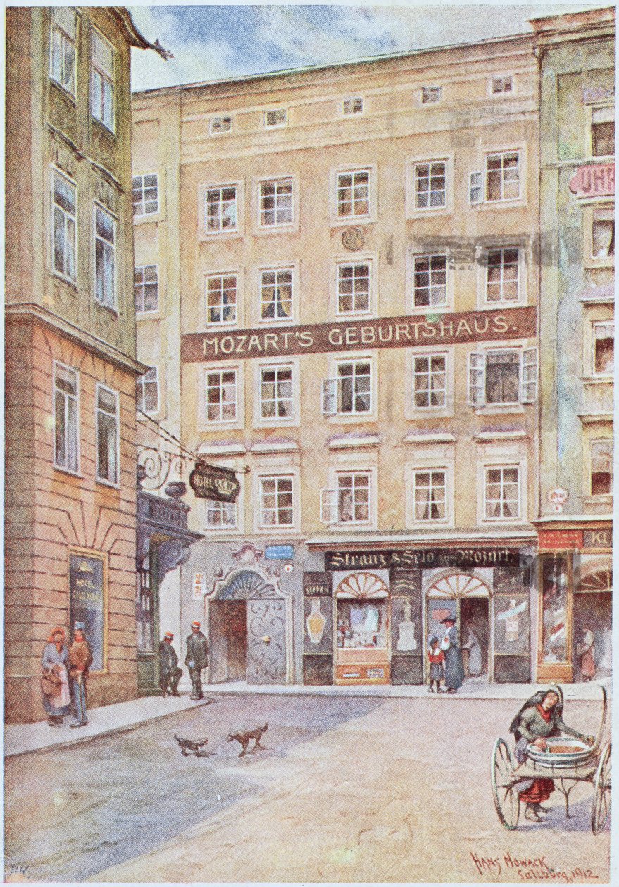 Képeslap, amely azt a salzburgi házat ábrázolja, ahol Wolfgang Amadeus Mozart (1756-91) született, 1912 alkotó: Hans Nowack