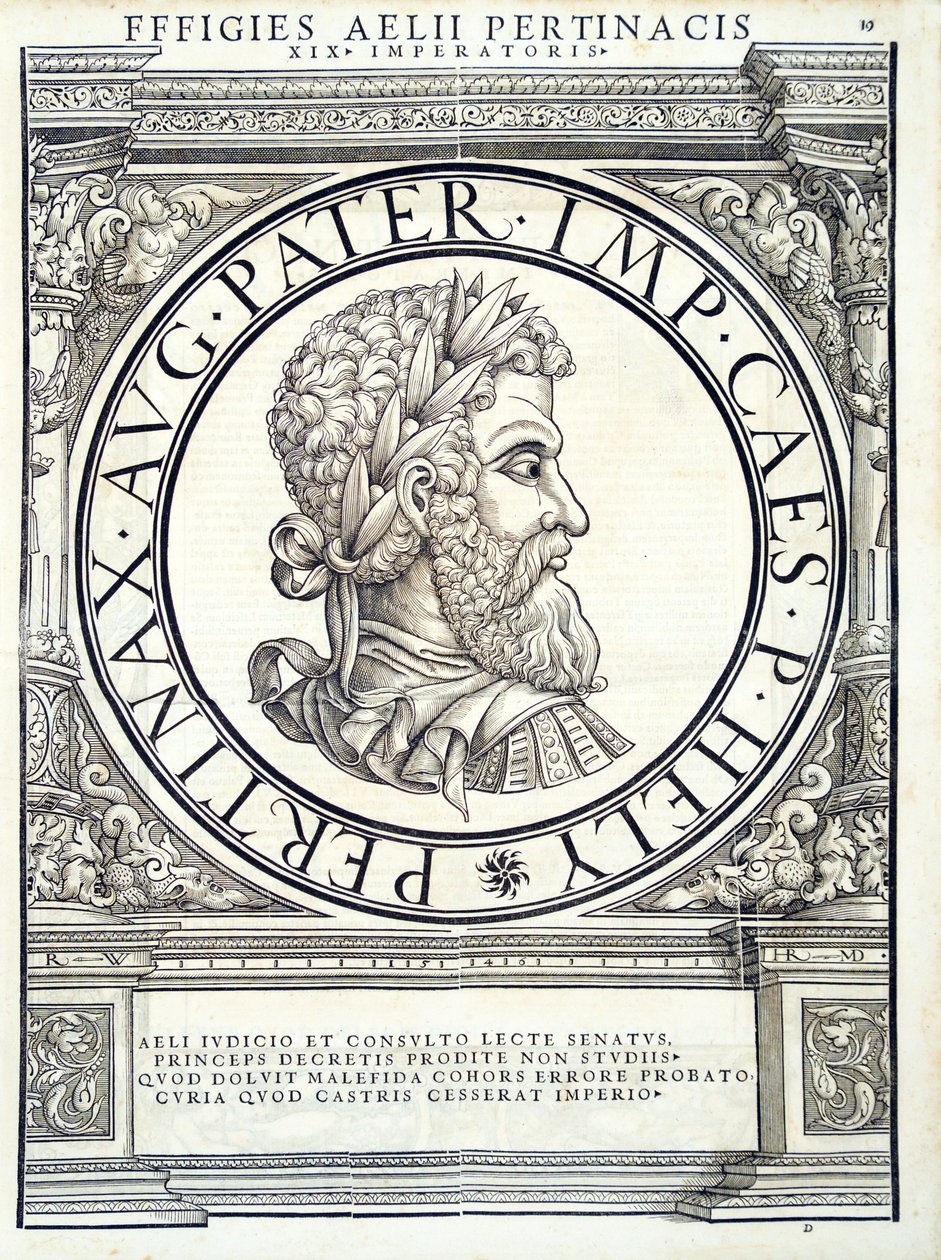 Aelius Pertinax, illusztráció az Imperatorum romanorum omnium orientalium et occidentalium verissimae imagines ex antiquis numismatis című kötetből, Rudolph Wyssenbach fametszete, Andreas Gesner nyomdája, Zuric. alkotó: Hans Rudolf Manuel Deutsch