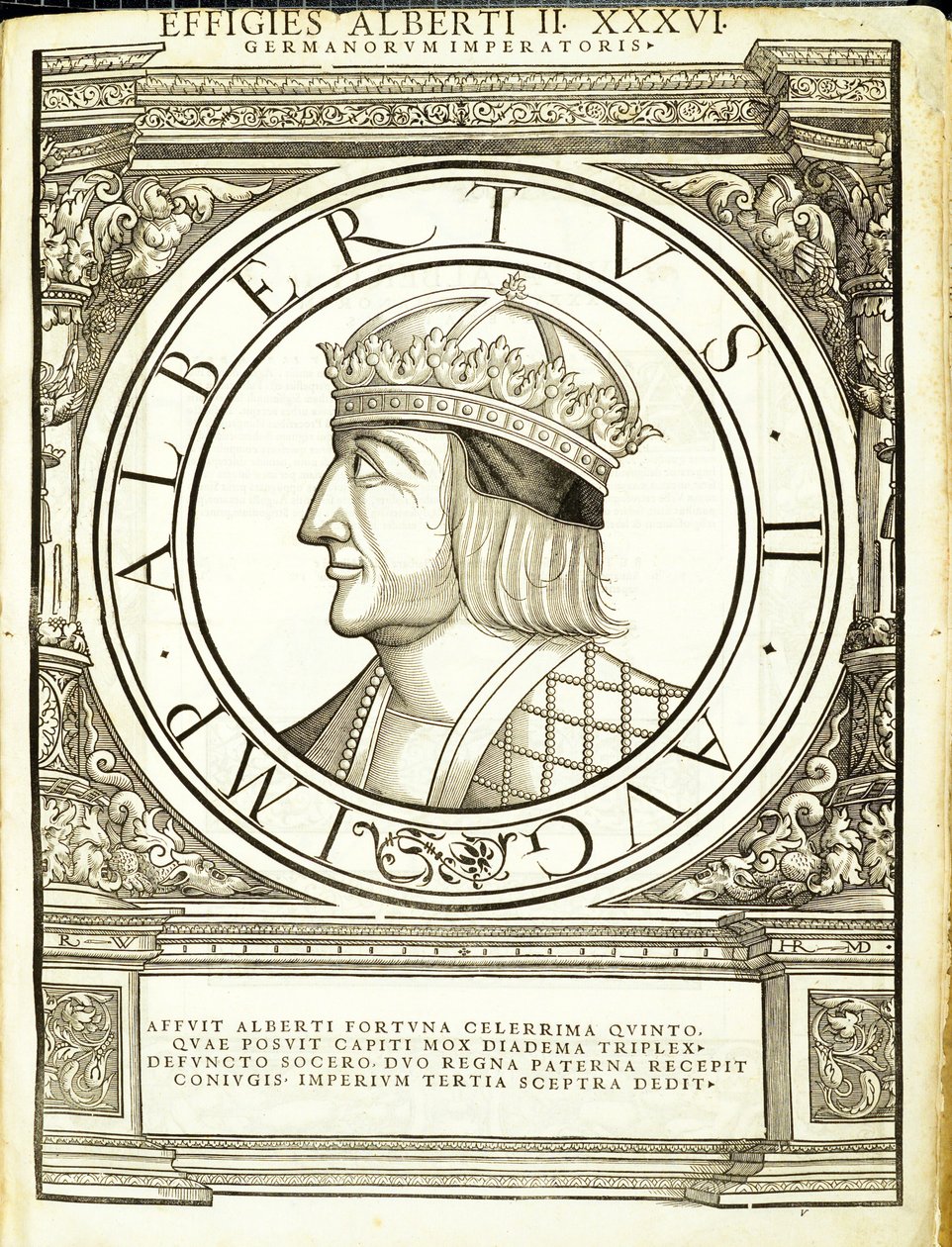 II. Albert, illusztráció a „Minden kelet és nyugat római császárai” című könyvből, Rudolph Wyssenbach fametszete, nyomta: Andreas Gesner, Zürich alkotó: Hans Rudolf Manuel Deutsch