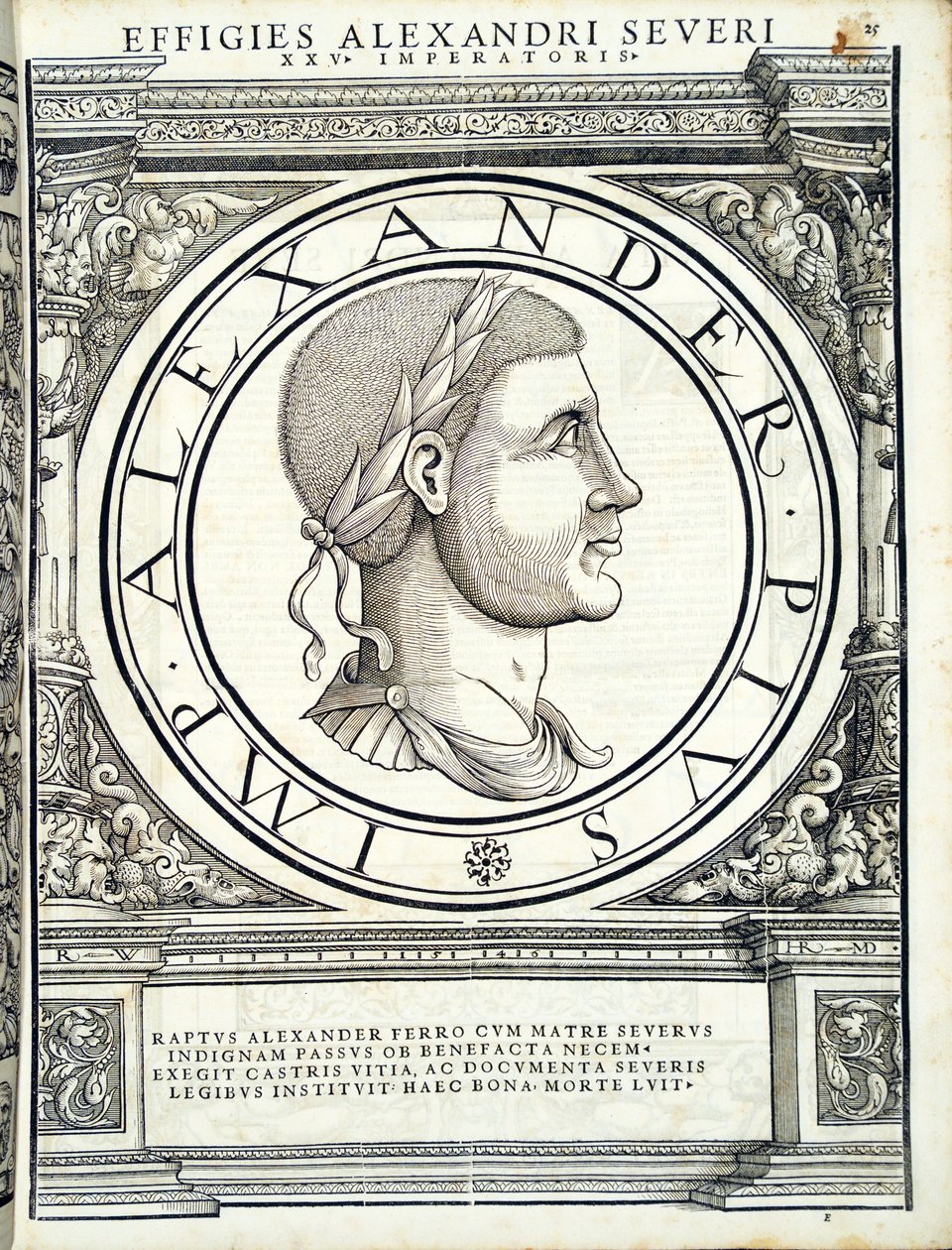 Alexander Severus, illusztráció az "Imperatorum romanorum omnium orientalium et occidentalium verissimae imagines ex antiquis numismatis"-ból, Rudolph Wyssenbach fametszete, Andreas Gesner nyomdája, Z alkotó: Hans Rudolf Manuel Deutsch