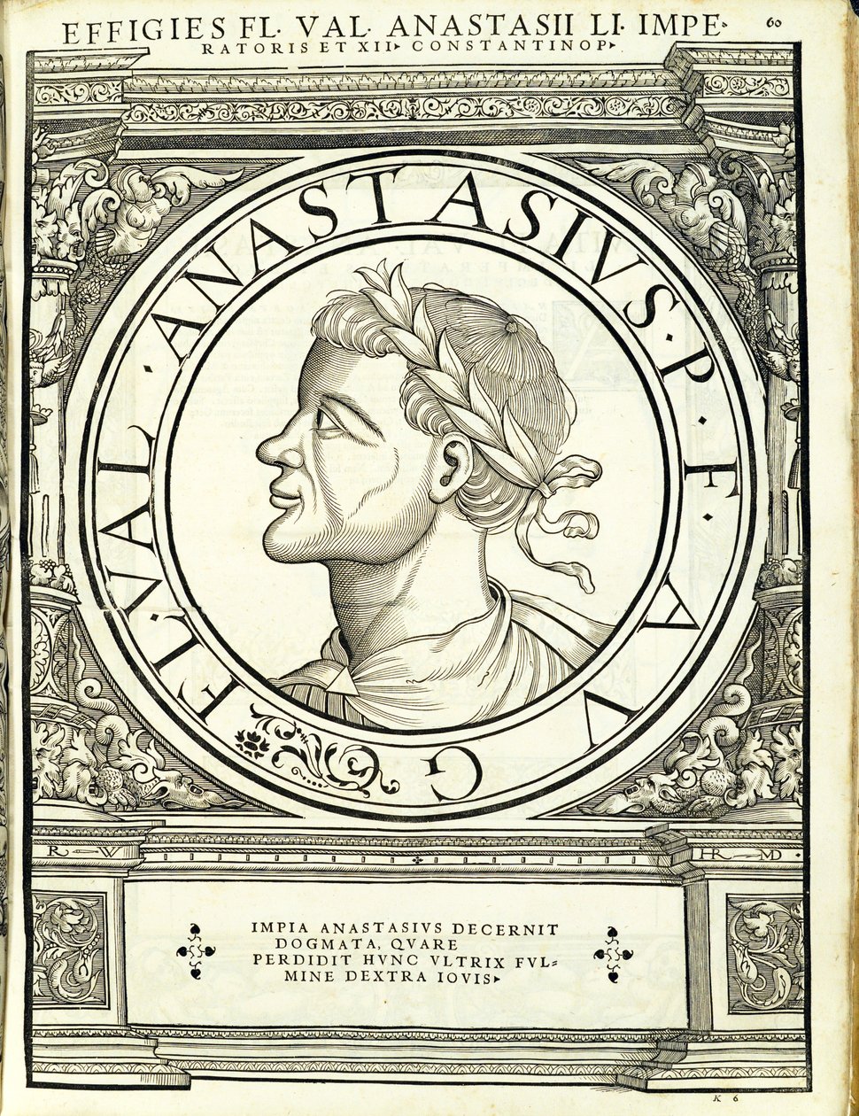 I. Anastasius, illusztráció az "Imperatorum romanorum omnium orientalium et occidentalium verissimae imagines ex antiquis numismatis" című kötetből, Rudolph Wyssenbach fametszete, Andreas Gesner, Zürich, nyomtatta. alkotó: Hans Rudolf Manuel Deutsch