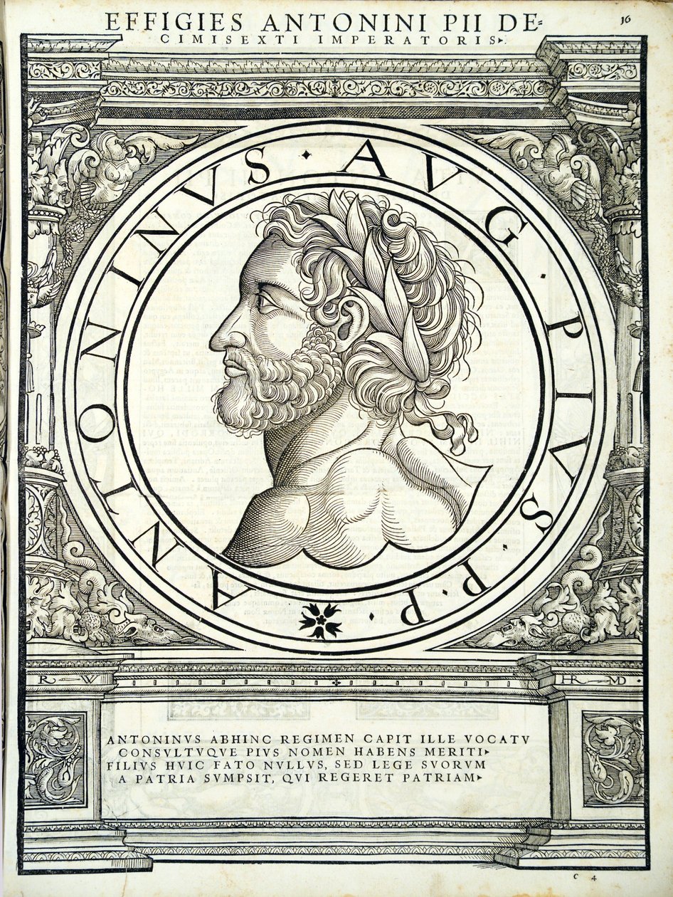 Antoninus Pius, illusztráció az egész kelet és nyugat római császáraitól, az ókori érmék leghitelesebb képeivel, Rudolph Wyssenbach fametszete, Andreas Gesner nyomda, Zürich alkotó: Hans Rudolf Manuel Deutsch