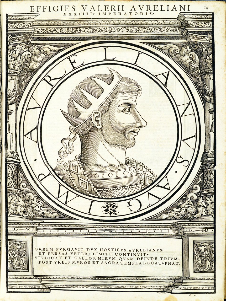 Aurelianus, illusztráció az "Imperatorum romanorum omnium orientalium et occidentalium verissimae imagines ex antiquis numismatis"-ból, Rudolph Wyssenbach fametszete, Andreas Gesner nyomdája, Zürich, alkotó: Hans Rudolf Manuel Deutsch