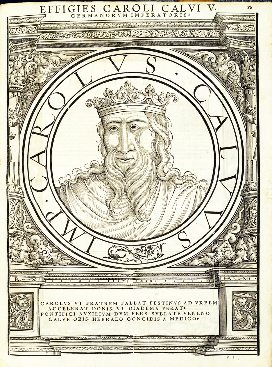 Charles Calus, illusztráció a „Minden kelet és nyugat római császárai”, Rudolph Wyssenbach fametszete, nyomta: Andreas Gesner, Zuri alkotó: Hans Rudolf Manuel Deutsch