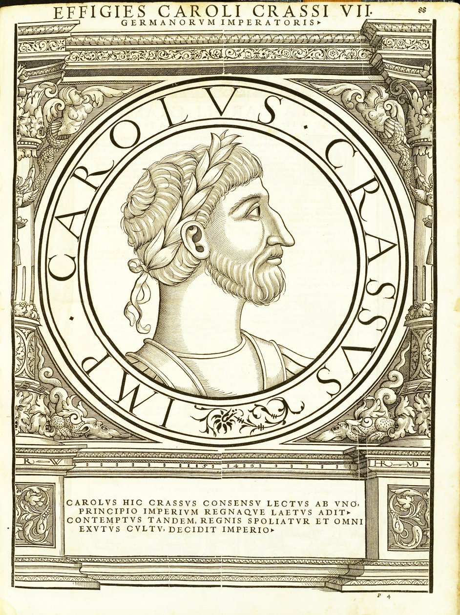 Crassus Károly, illusztráció a „Minden Kelet és Nyugat római császárai” című könyvből, Rudolph Wyssenbach fametszete, nyomta: Andreas Gesner, Zur alkotó: Hans Rudolf Manuel Deutsch
