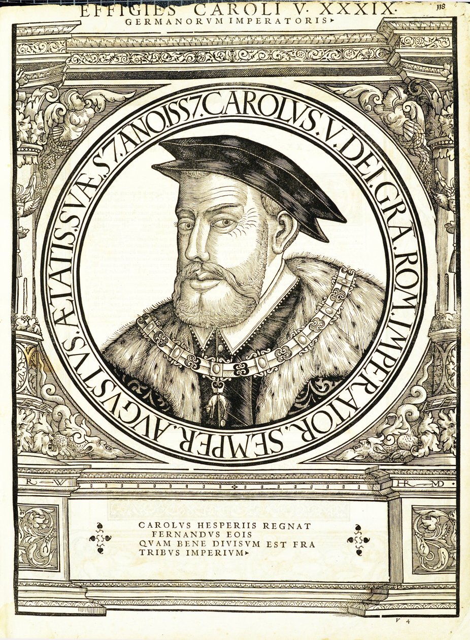 V. Károly, illusztráció a „Minden kelet és nyugat római császárai”, Rudolph Wyssenbach fametszete, nyomta: Andreas Gesner, Zürich, 1 alkotó: Hans Rudolf Manuel Deutsch