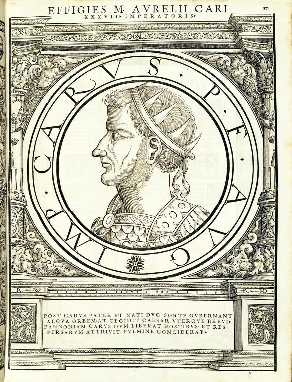 Carus, illusztráció a keleti és nyugati római császároktól, az ókori érmék leghitelesebb képeivel, Rudolph Wyssenbach fametszete, Andreas Gesner nyomtatása, Zürich, 1559 wo alkotó: Hans Rudolf Manuel Deutsch