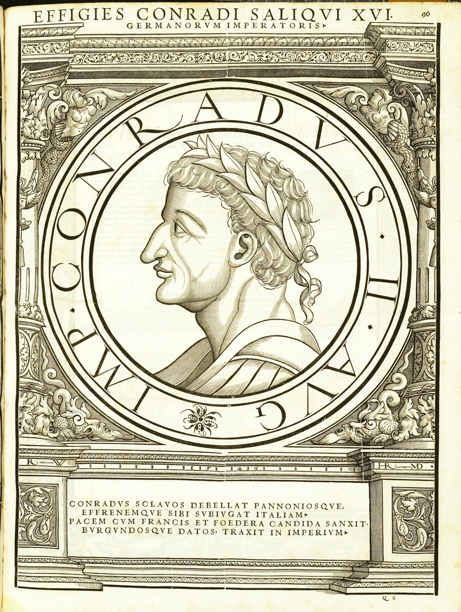 Conradus II Saliquus, illusztráció a keleti és nyugati római császároktól, nagyon igaz képekkel az ókori érmékről, Rudolph Wyssenbach fametszete, Andreas Gesner nyomta, alkotó: Hans Rudolf Manuel Deutsch