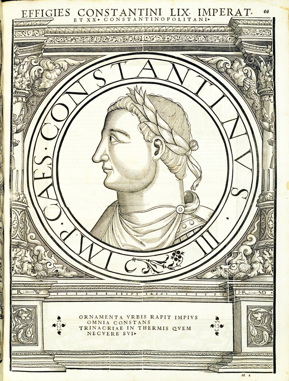 Constans, illusztráció: „Az összes kelet- és nyugat-római római császárok az ókori érmék leghitelesebb képeivel”, Rudolph Wyssenbach fametszete, nyomta Andreas Gesner, Zürich, 15 alkotó: Hans Rudolf Manuel Deutsch