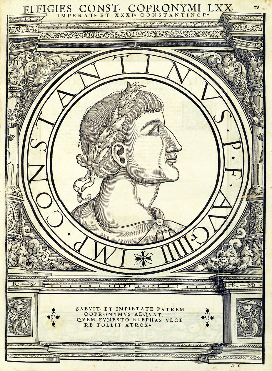 Copronymus Constantinus, illusztráció a „Kelet és Nyugat római császárai” című könyvből, Rudolph Wyssenbach fametszete, nyomta: Andreas Ges alkotó: Hans Rudolf Manuel Deutsch