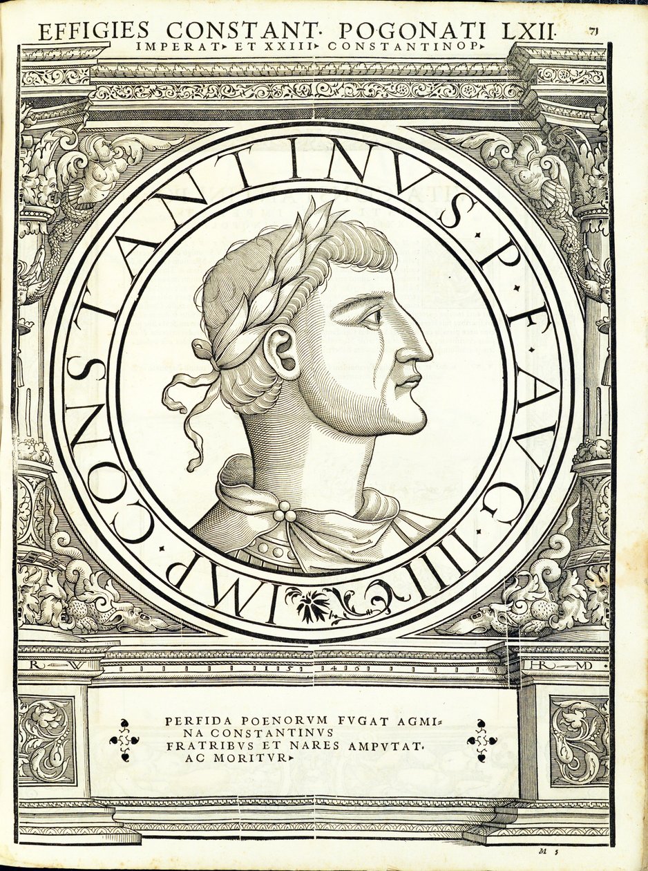 Constantinus Pogonatus, illusztráció az "Imperatorum romanorum omnium orientalium et occidentalium verissimae imagines ex antiquis numismatis" című kötetből, Rudolph Wyssenbach fametszete, Andreas Gesn nyomdája. alkotó: Hans Rudolf Manuel Deutsch