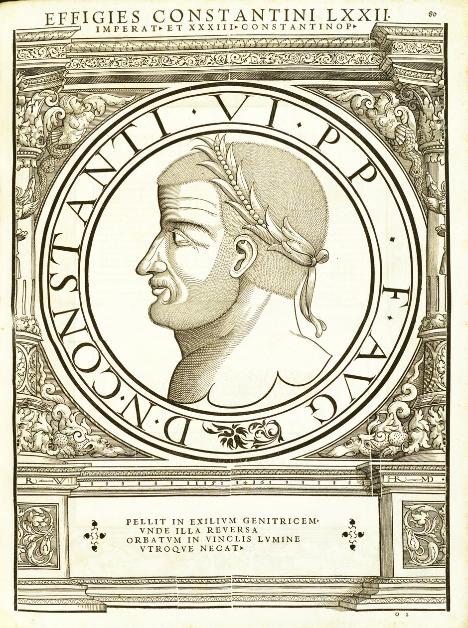 Constantinus VI, illusztráció a „Kelet és Nyugat római császárai” című könyvből, Rudolph Wyssenbach fametszete, nyomta: Andreas Gesner, Zur alkotó: Hans Rudolf Manuel Deutsch