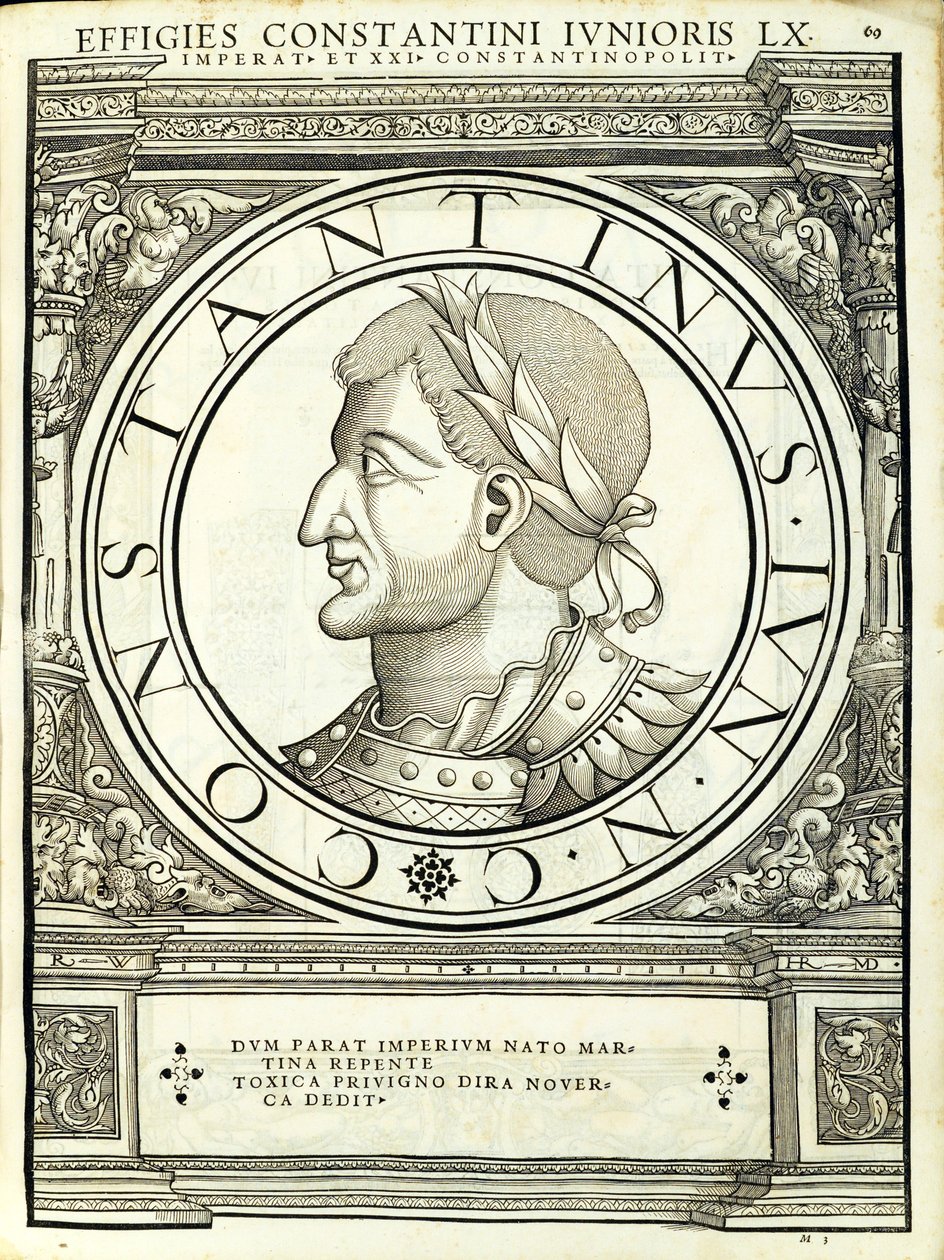 Constantinus-regény, illusztráció a „Minden Kelet és Nyugat római császárai” című könyvből, Rudolph Wyssenbach fametszete, nyomta Andreas Gesner, alkotó: Hans Rudolf Manuel Deutsch