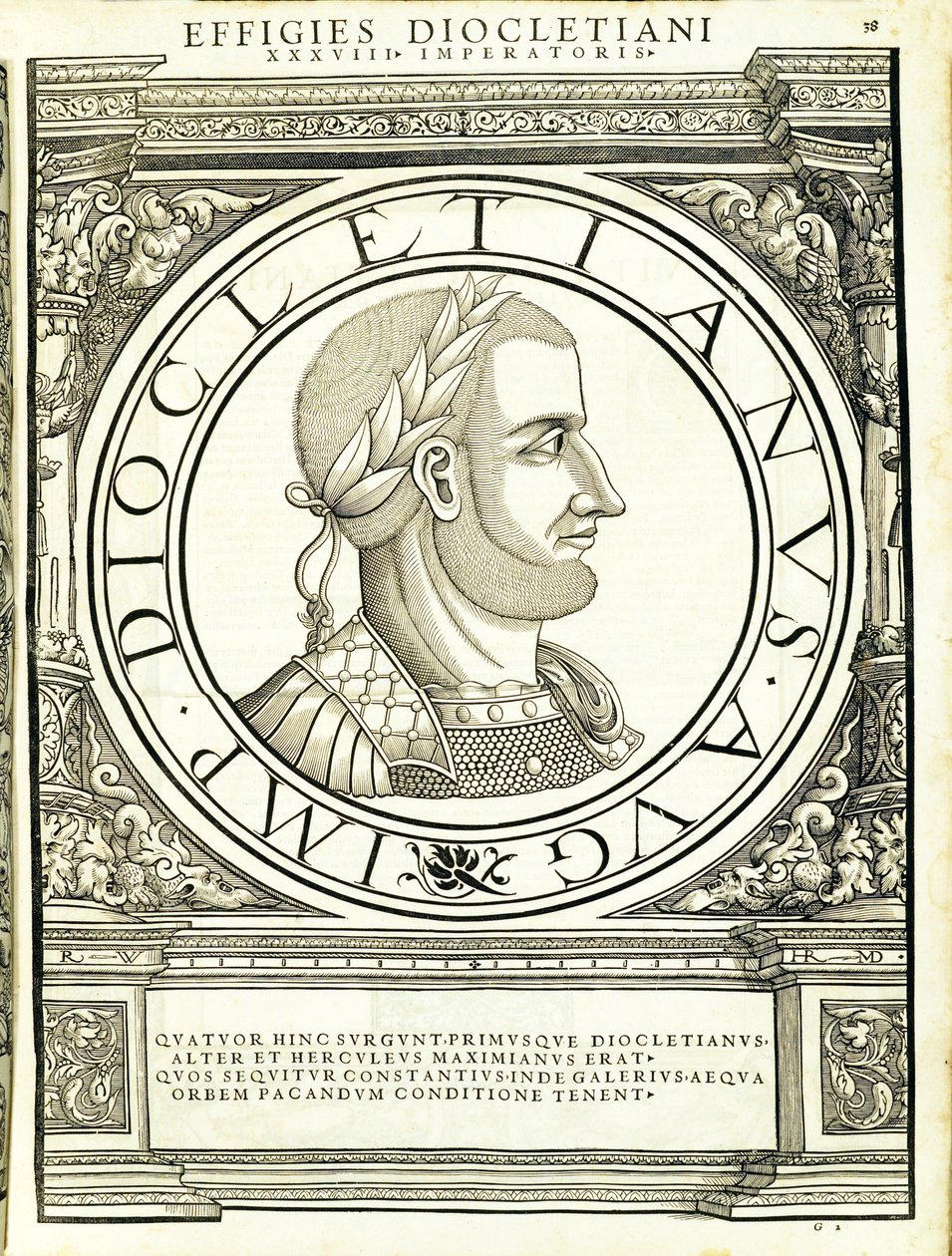Diocletianus, illusztráció az "Imperatorum romanorum omnium orientalium et occidentalium verissimae imagines ex antiquis numismatis" című kötetből, Rudolph Wyssenbach fametszete, Andreas Gesner, Zürich, nyomtatta. alkotó: Hans Rudolf Manuel Deutsch