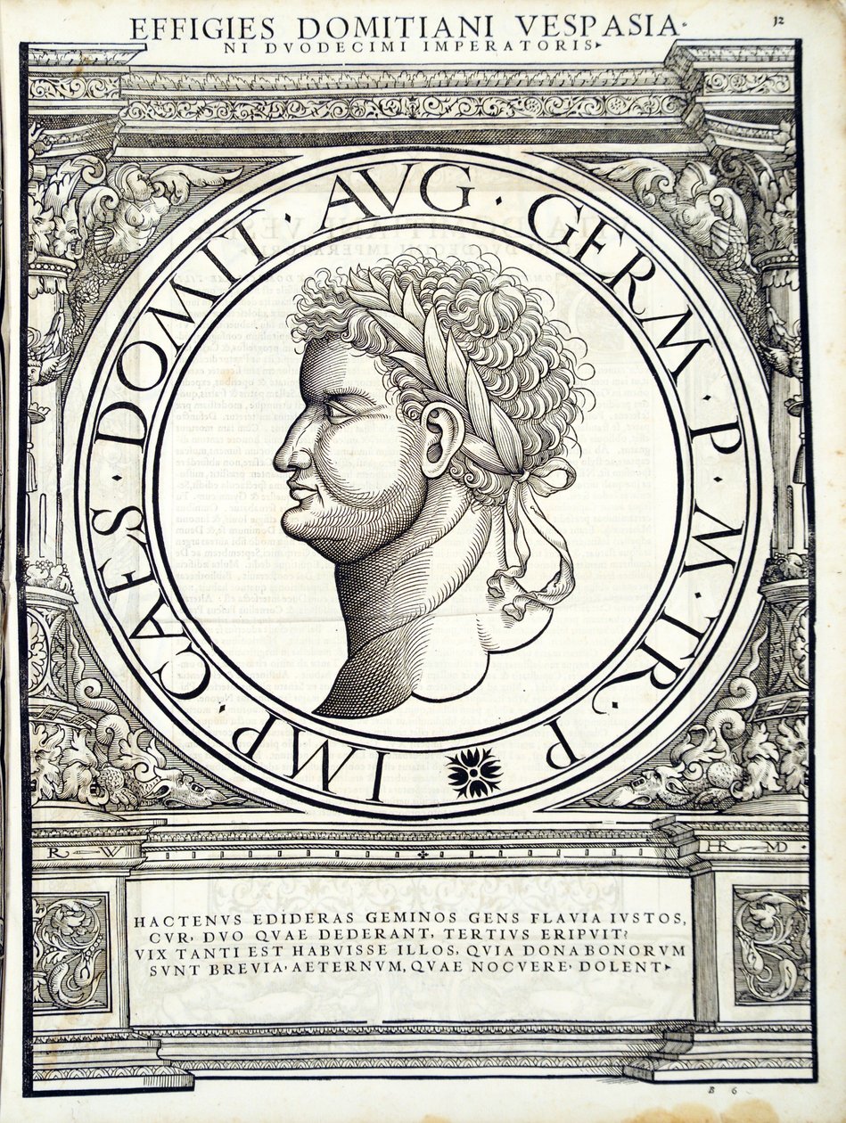 Domitianus, illusztráció a keleti és nyugati ókori római császárok leghitelesebb képeiből, Rudolph Wyssenbach fametszete, Andreas Gesner nyomda, Zürich, 15 alkotó: Hans Rudolf Manuel Deutsch